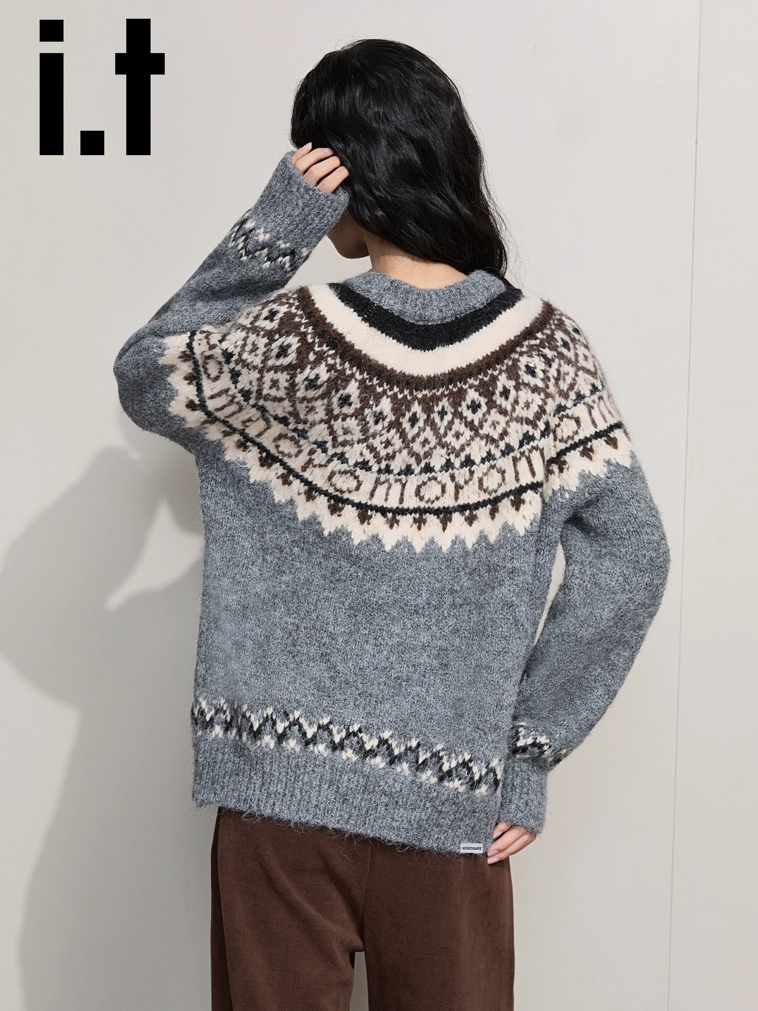 IT: CHOCOOLATE Jacquard Crew Neck Pullover Vintage Loose Wool Knitted Sweater
