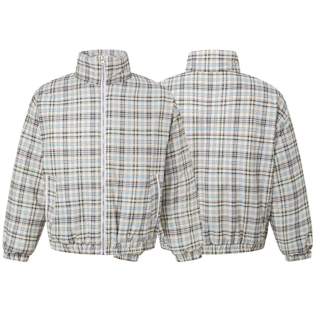 TRYTHMCLU Vintage Plaid Stand-Up Collar Cotton Suit