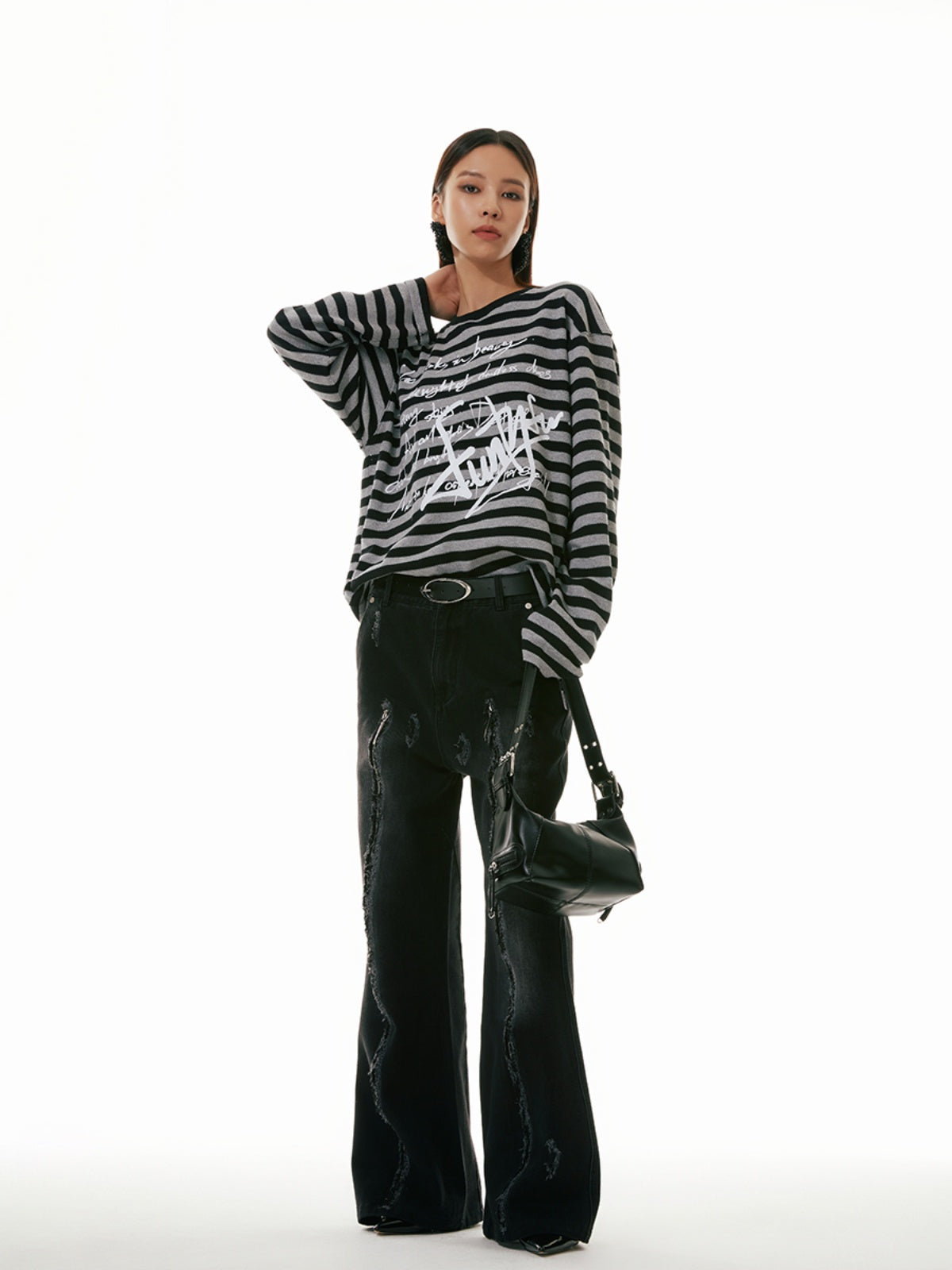 FUNKYFUN Handwritten Flower Type Graffiti Punk Striped Tee