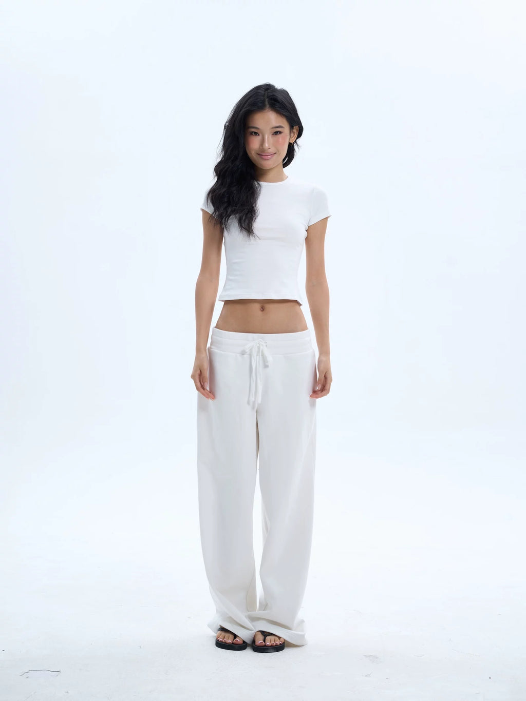 Veryrareme Low Waist Ribbed Wide Waist Drawstring Sweatpants