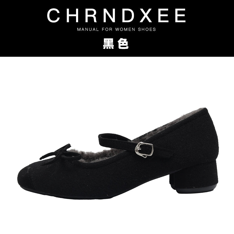 CHRNDXEE Retro Round Head Bow Warm Thick Heel Shoes
