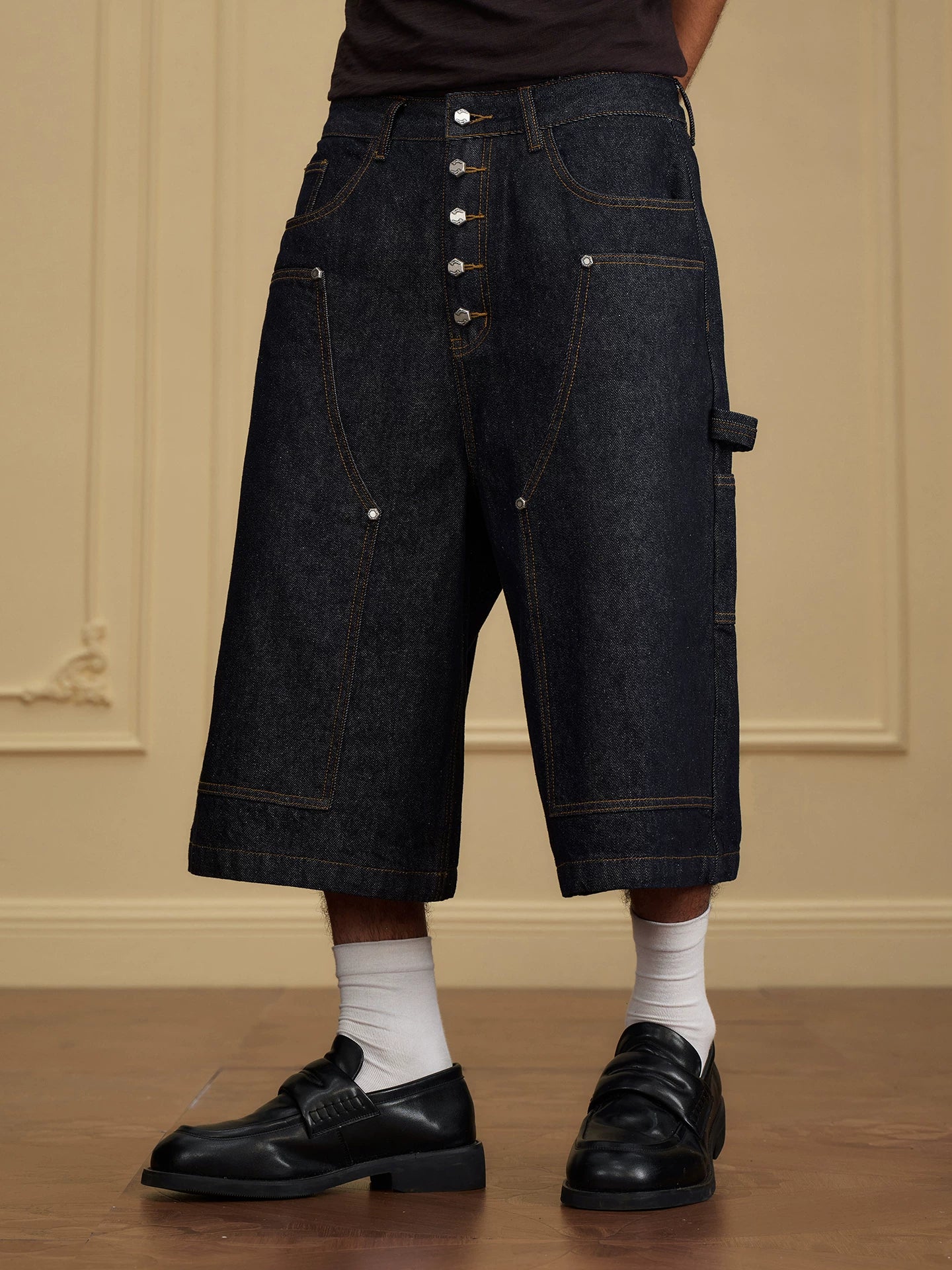 YADcrew 220g Breathable Different American Retro Button Denim Culottes