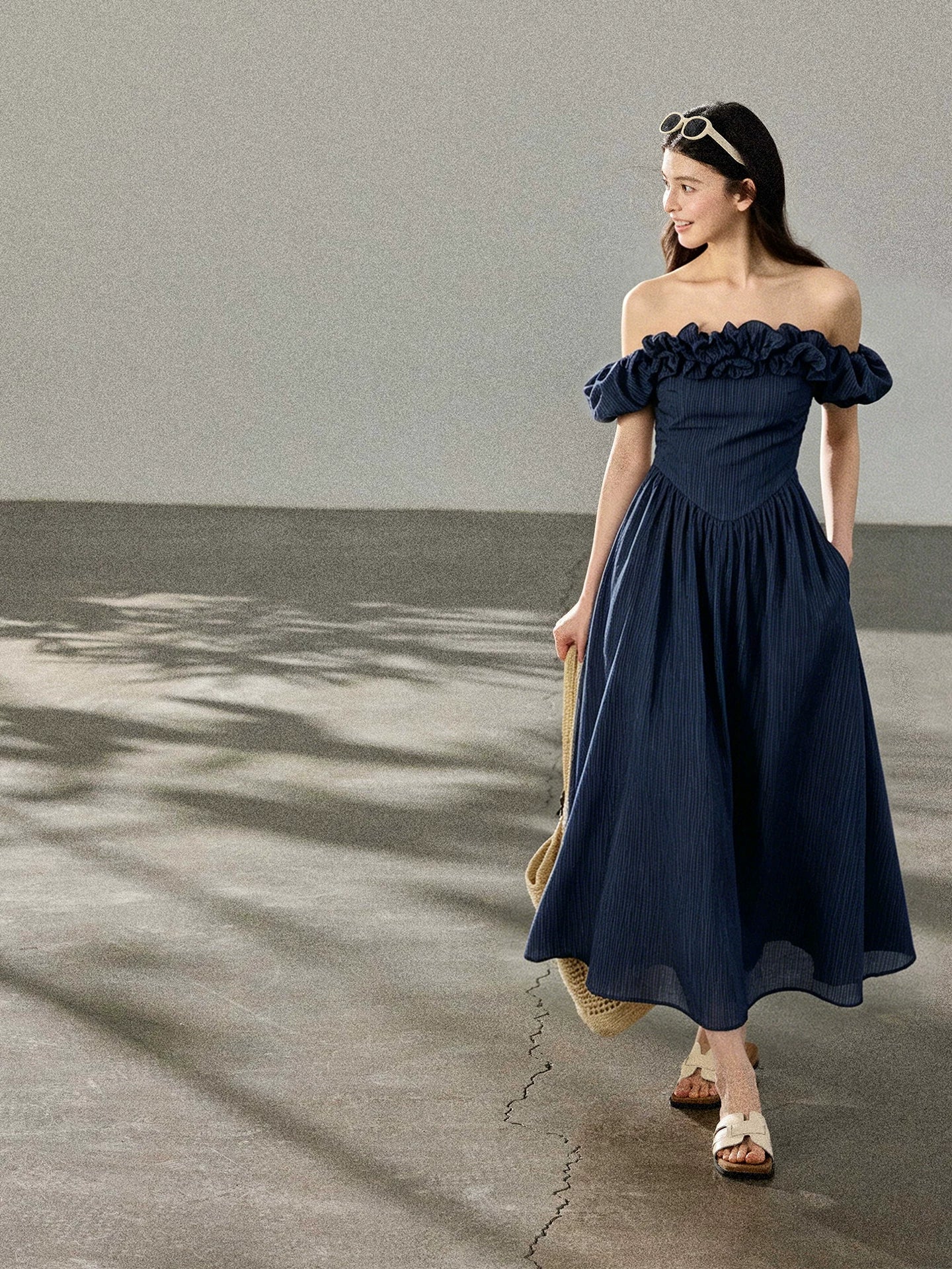 TYANG Two Wear Three-dimensional Ruffle Edge One-word Shoulder Striped Dress