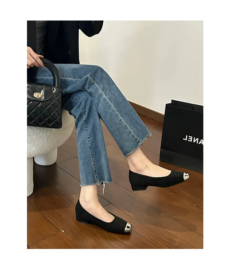 CHRNDXEE Splicing Metal Square Head Shallow Mouth Low Heel Single Shoes