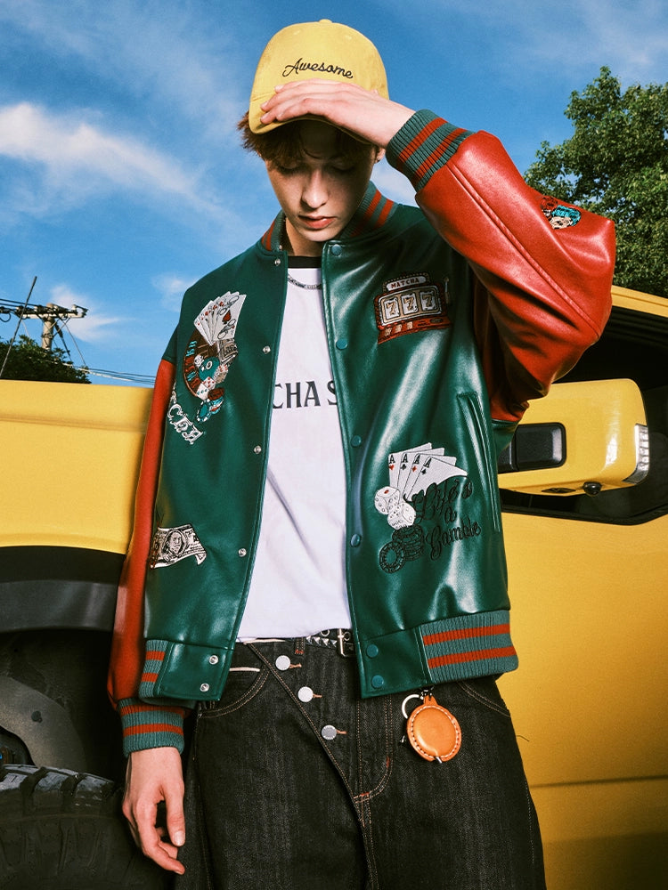 MATCHA STORY PU Leather Heavy Industry Embroidered Baseball Jersey