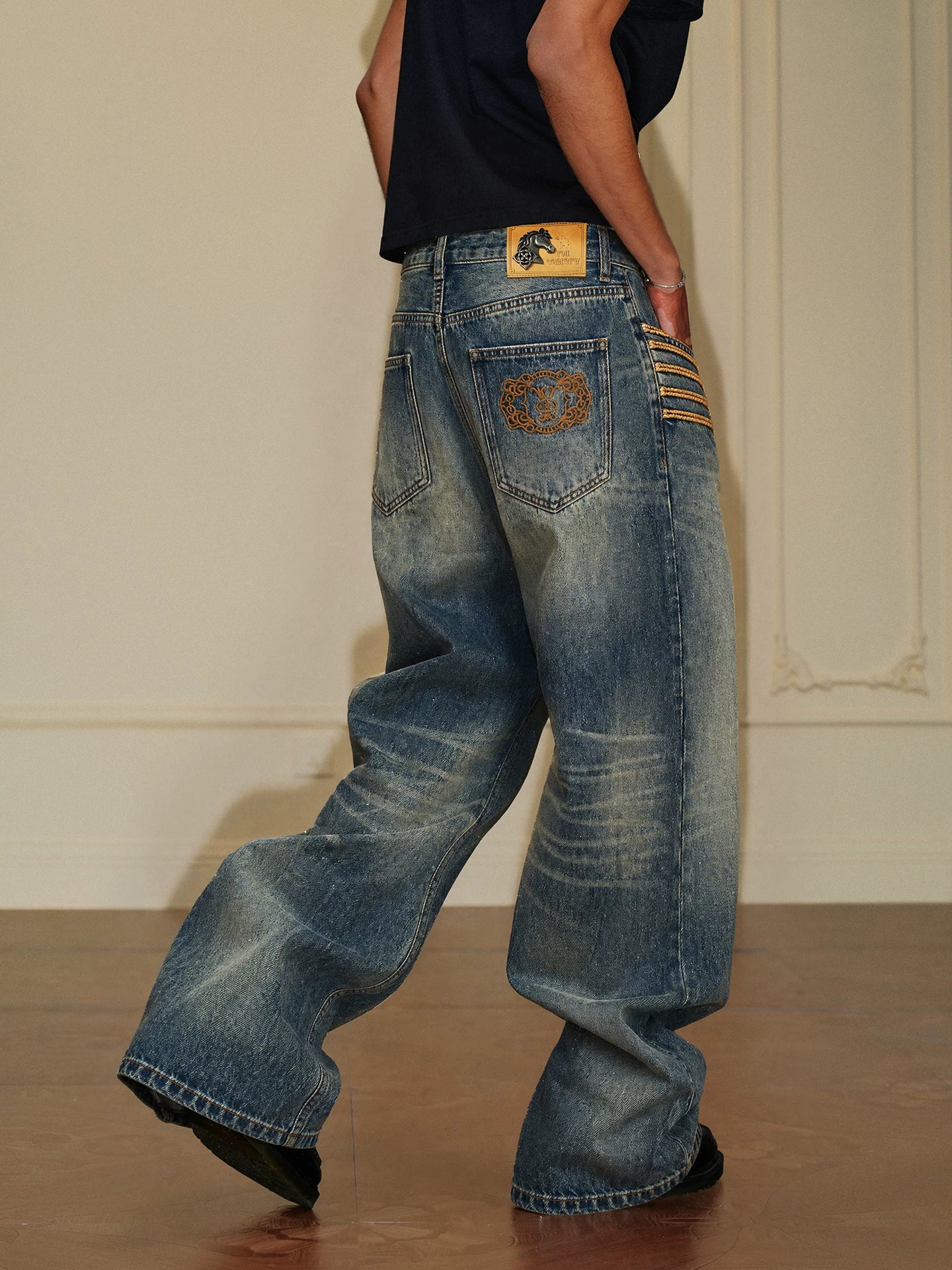 YADcrew Vintage Embroidered Loose Jeans