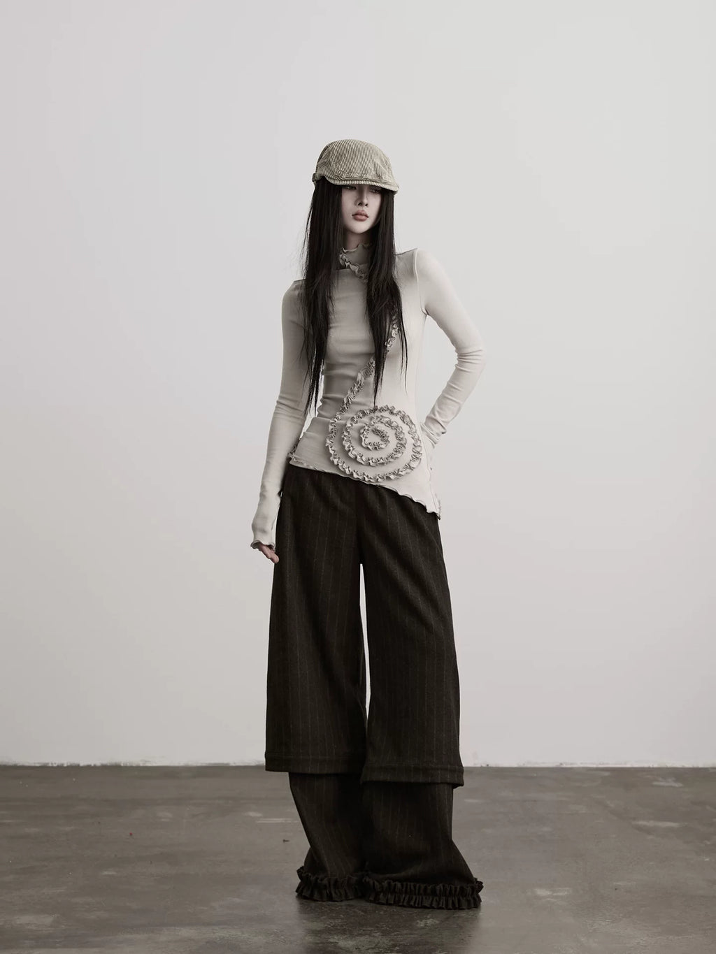 INDULGE Pleated Flared Sleeves Stand Neck Slim Long Sleeves