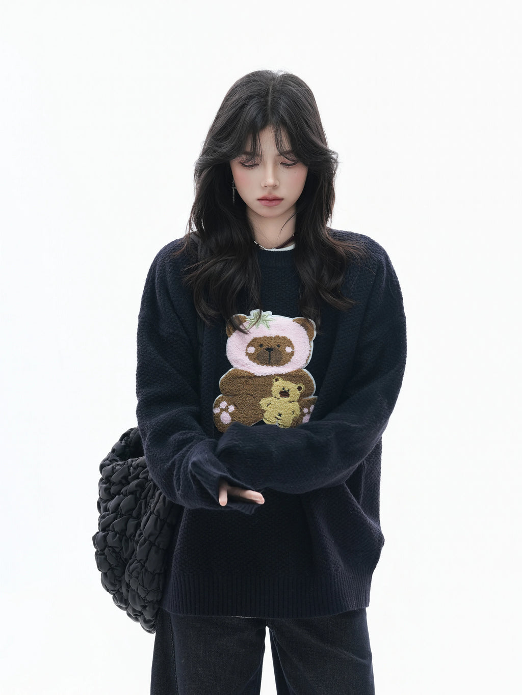 Zuocisankon Slack Soft Waxy Towel Embroidered Bear Sweater
