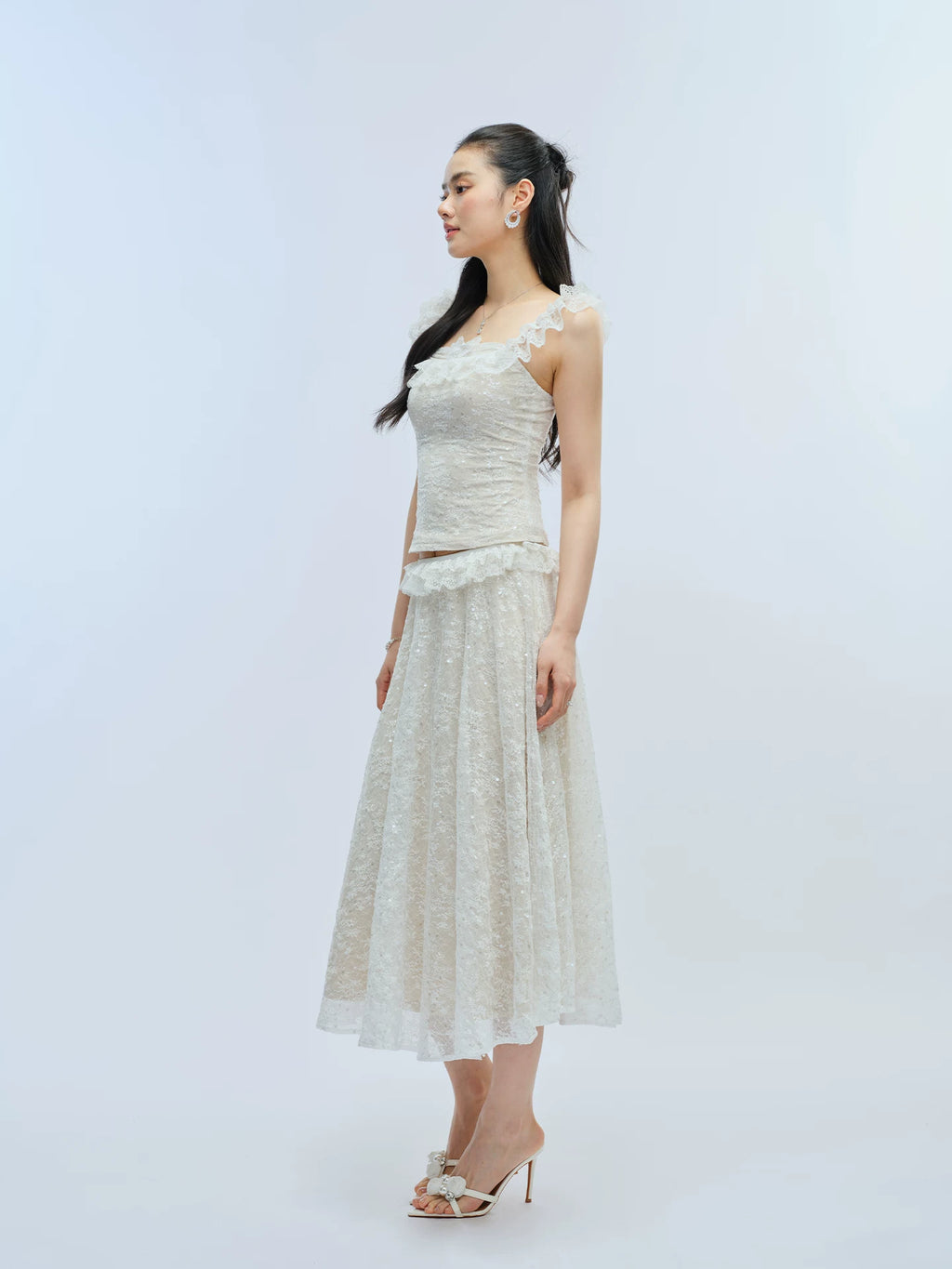 J TheChosen Lace Sequined Flountain Tank Top Skirt Set