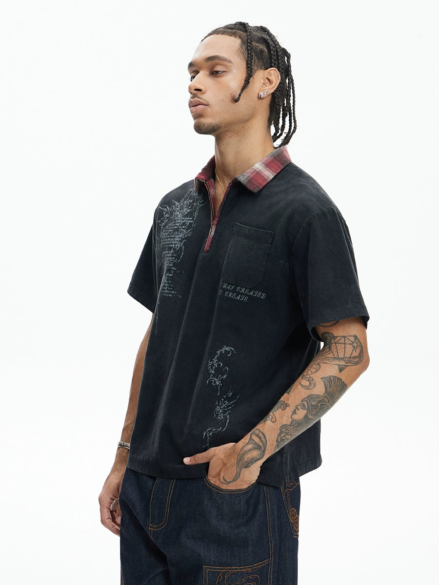 DND4DES Retro Washing Water To Make Old Plaid Lapel Polo Shirt