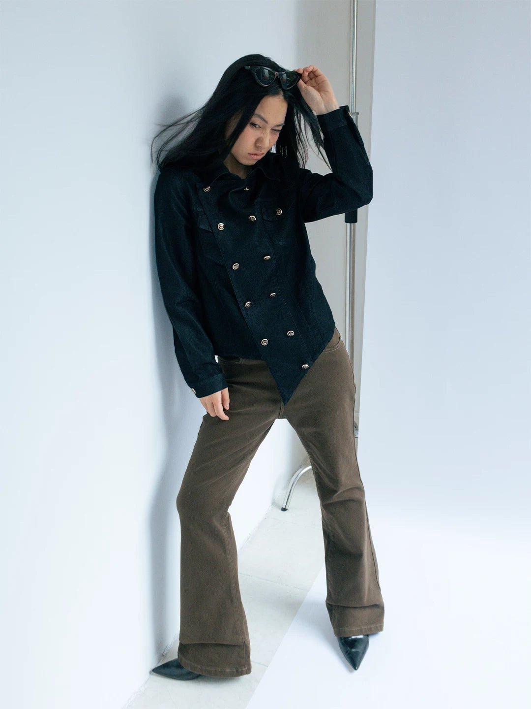 FUNKYFUN Straight Shoulder Thin Soft Denim Double-breasted Jacket