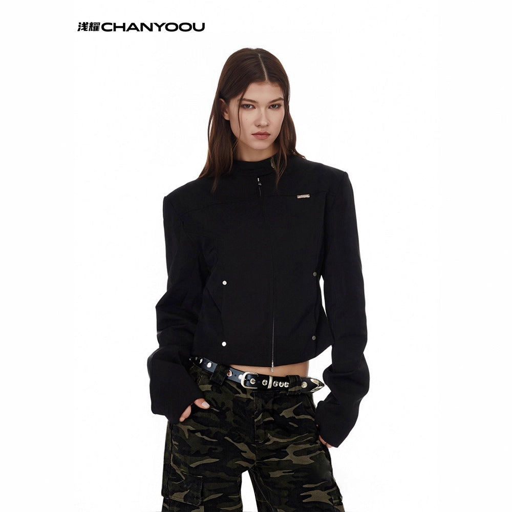 CHANYOOU Vintage Front Shoulder Skinny Stand-Up Jacket