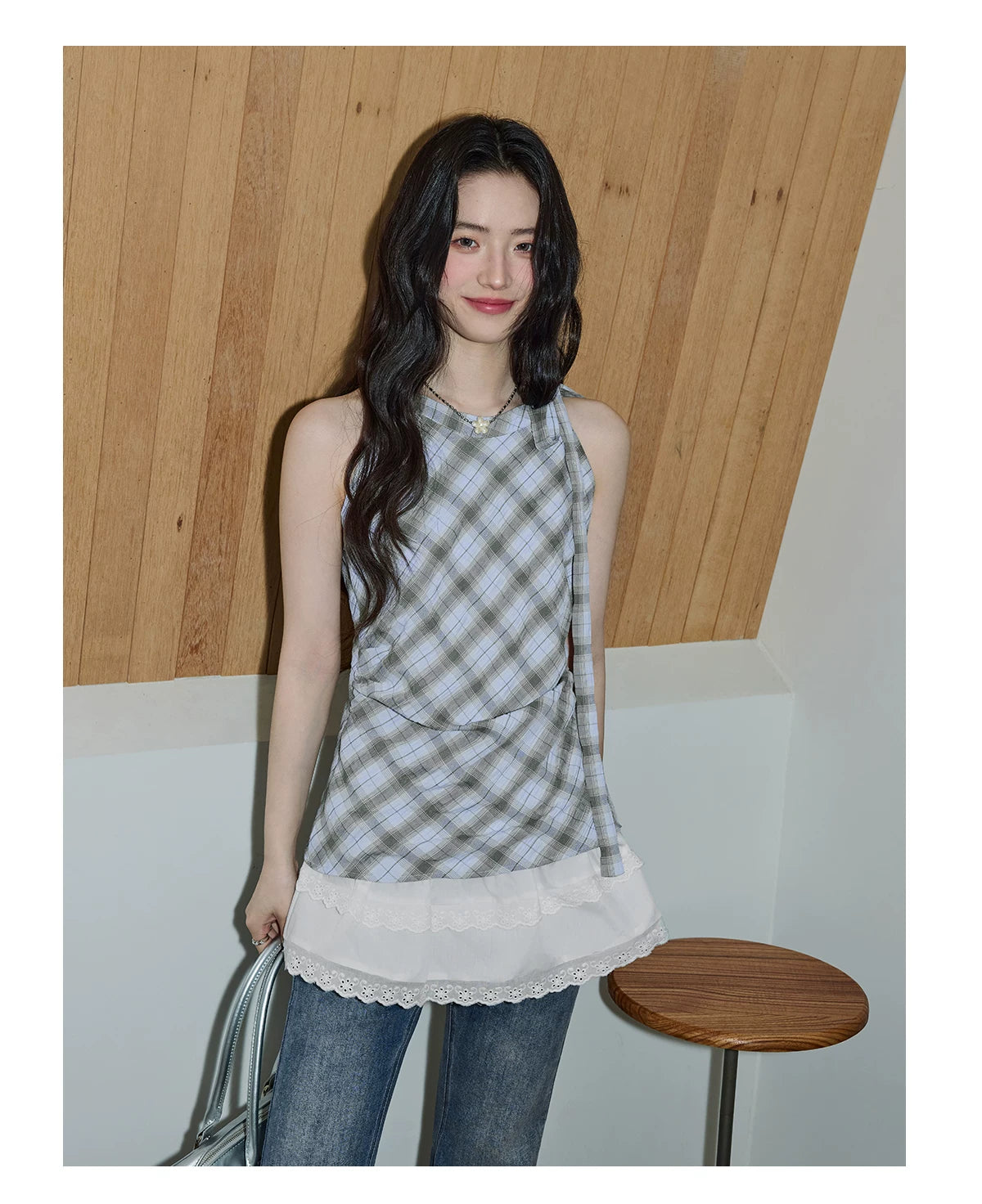 XUJING Lace Stitching Plaid Sleeveless Shirt