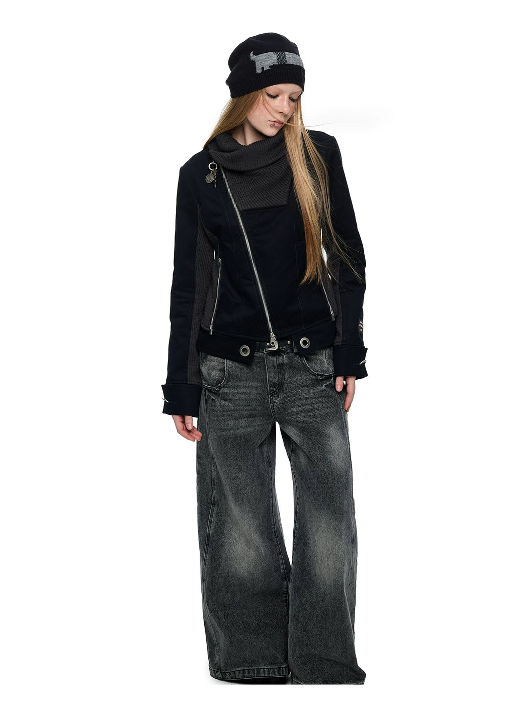 JIKOO Splicing Stack Collar Waist Short Jacket