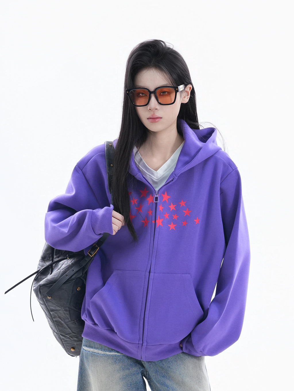 Zuocisankon Korean Printed Star Hooded Sweater Jacket