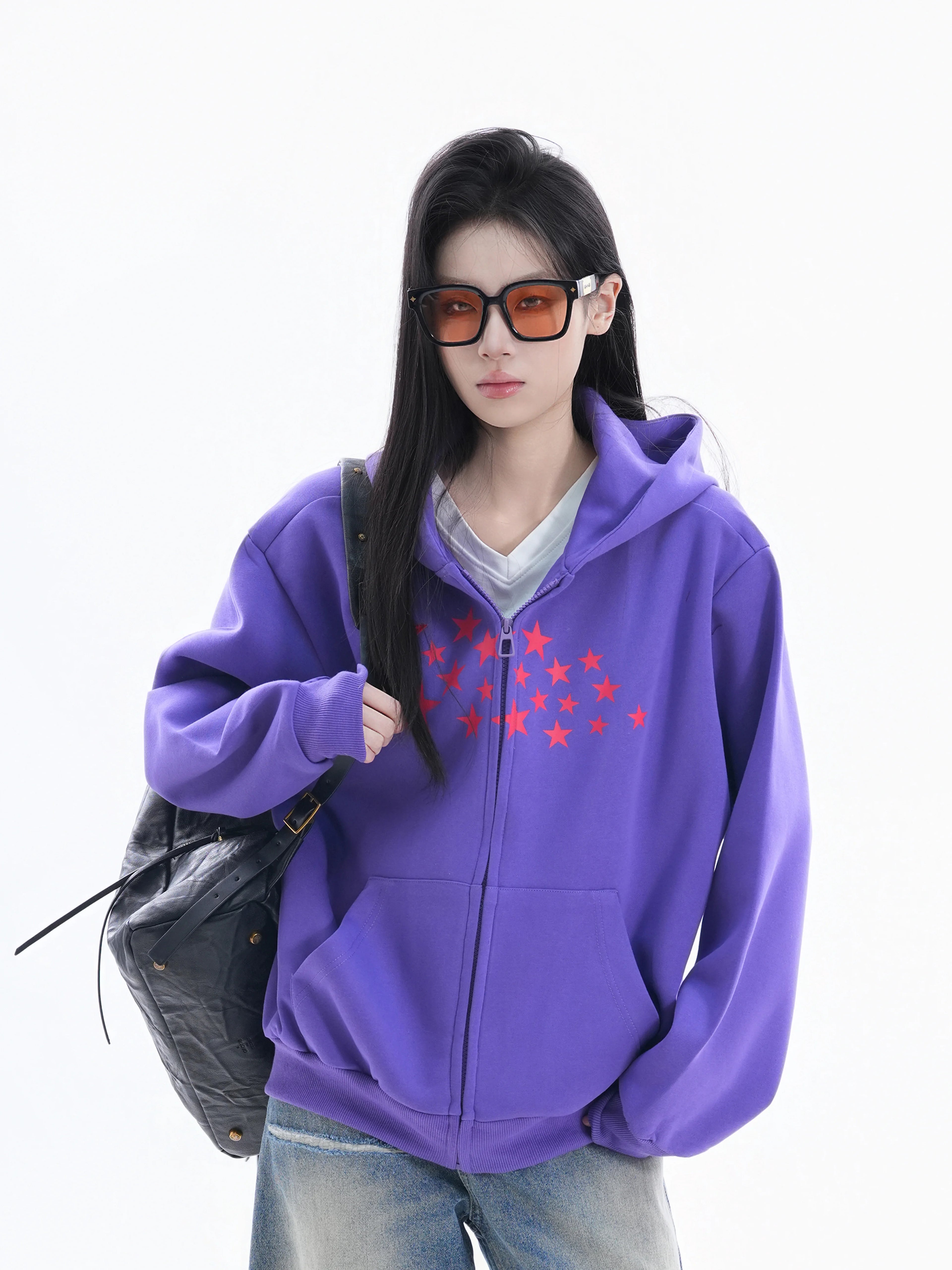 Zuocisankon Korean Printed Star Hooded Sweater Jacket