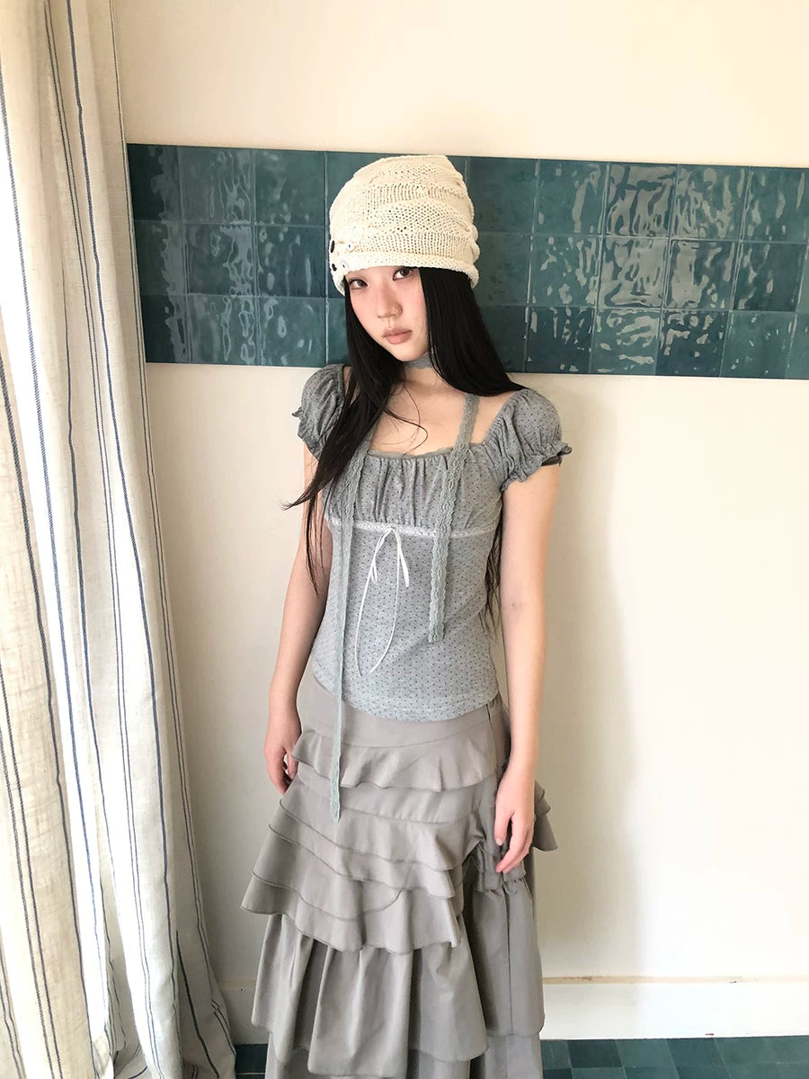 Ang: Project Polka Dot Square Neck Pleated Lace Edge Tee