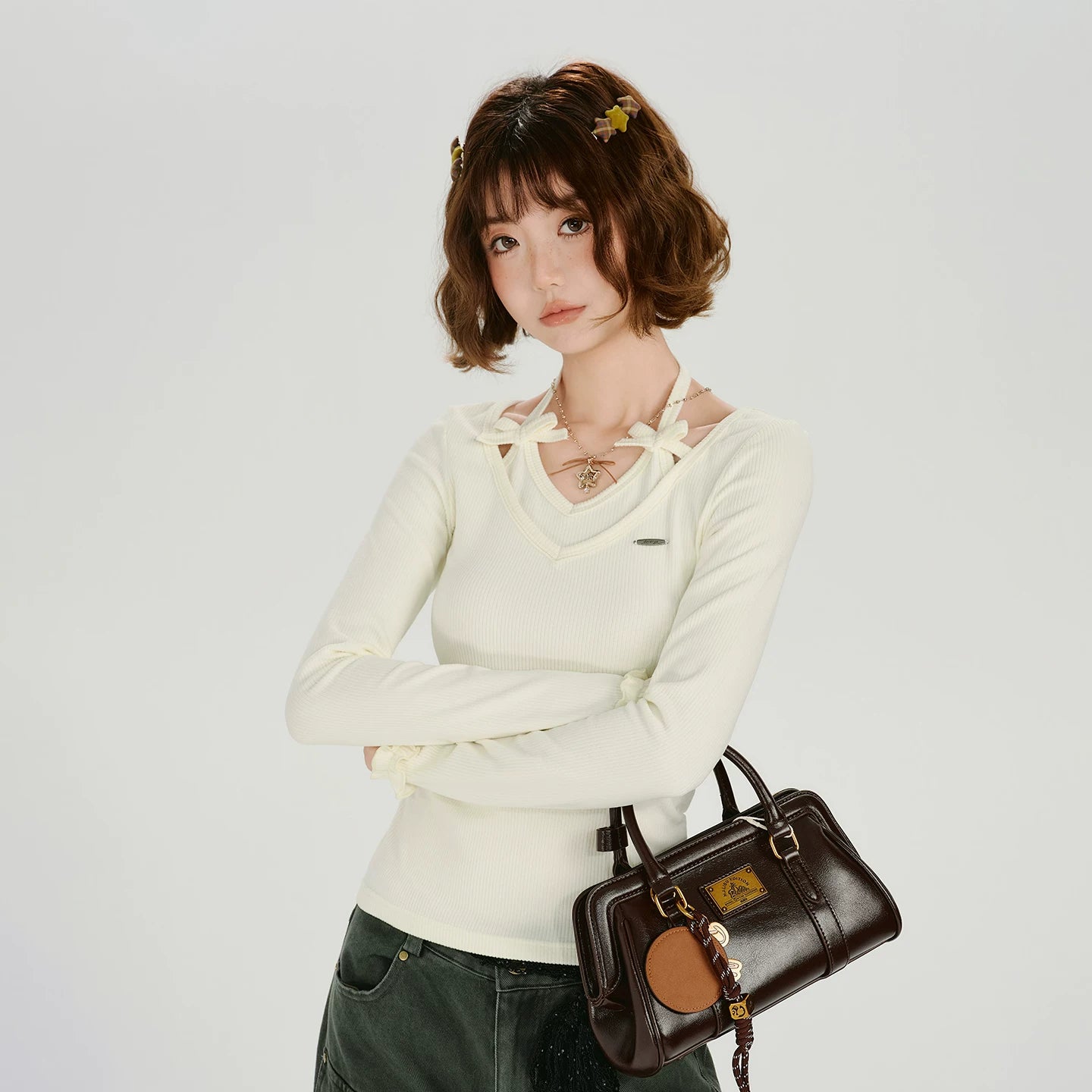 Girlyhalo Vintage Fake Two Piece Neck Slim Long Sleeve