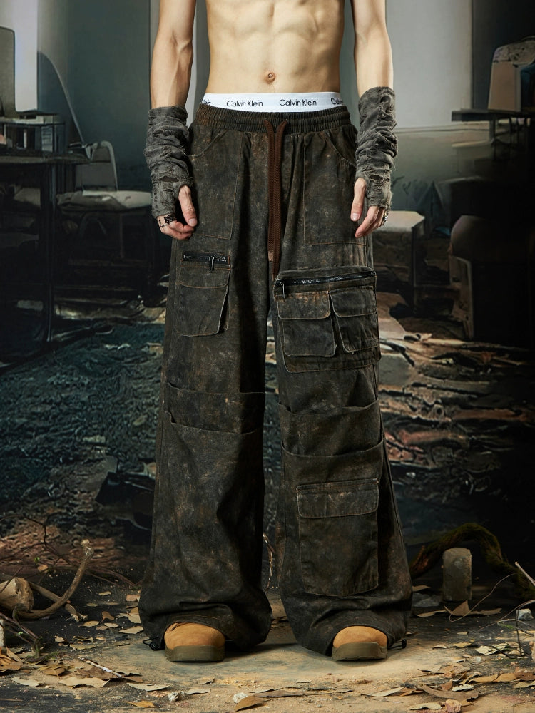 NOMANIAI Dirty Dye Washing Water Multi-pocket Tooling Loose Straight-leg Pants