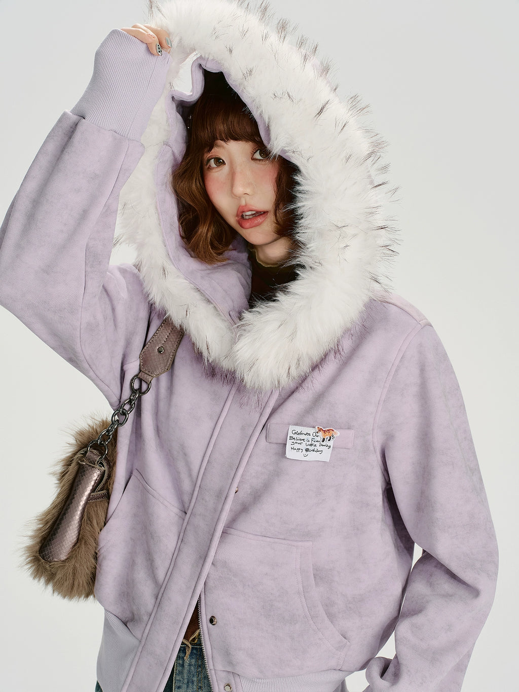 Girlyhalo Vintage Fur Collar Slim Fit Hooded Jacket