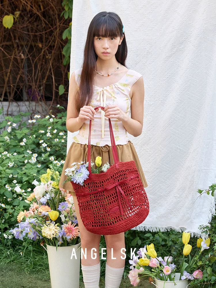 ANGELSKY Woven Hollow Mesh Pocket Tote Bag