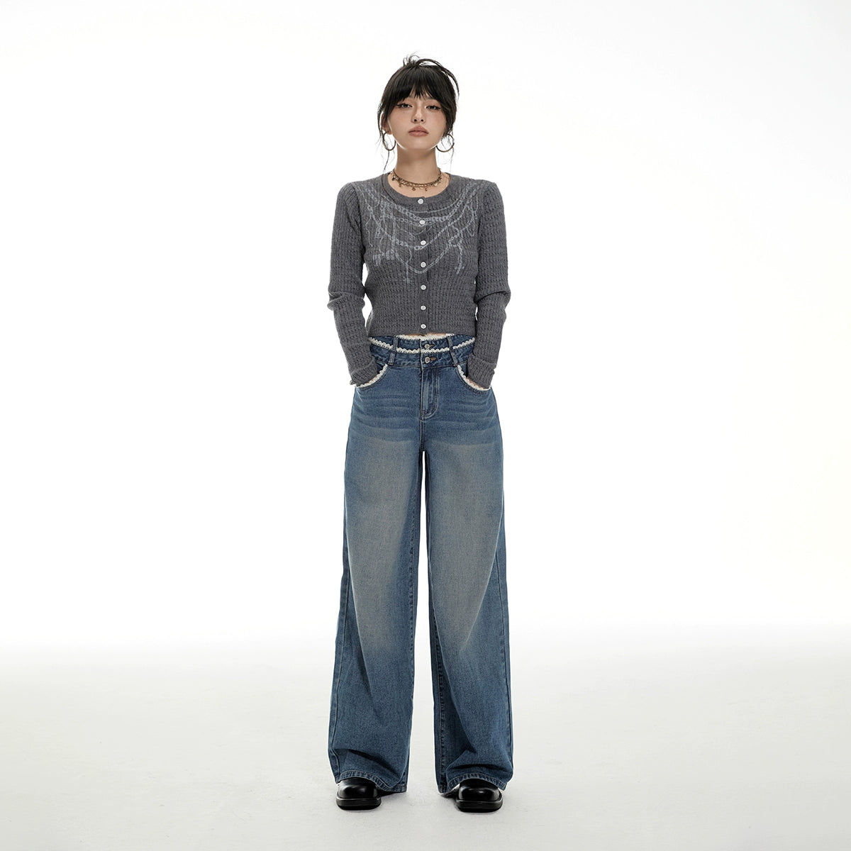 Imone Vintage Lace Double Waist Straight Wide Leg Pants Jeans