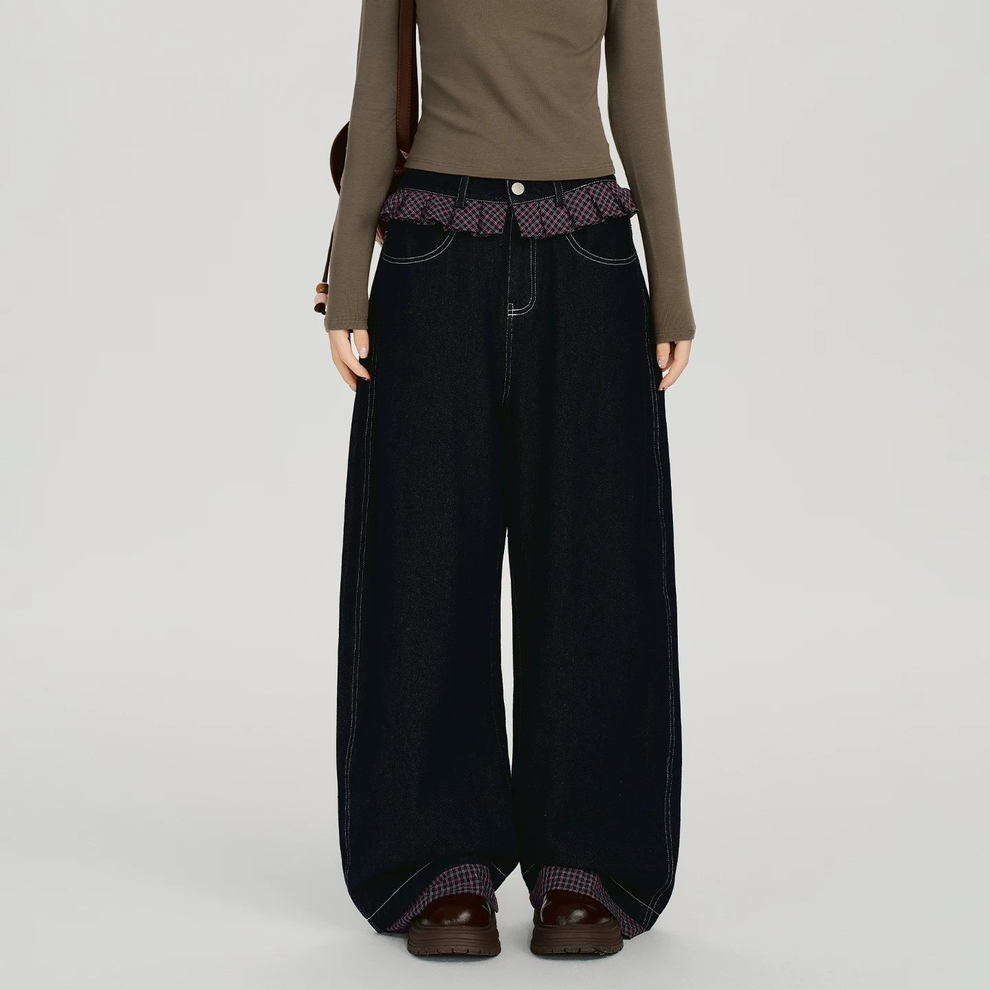 Girlyhalo Vintage Checked Lace Splicing Denim Scimitar Pants