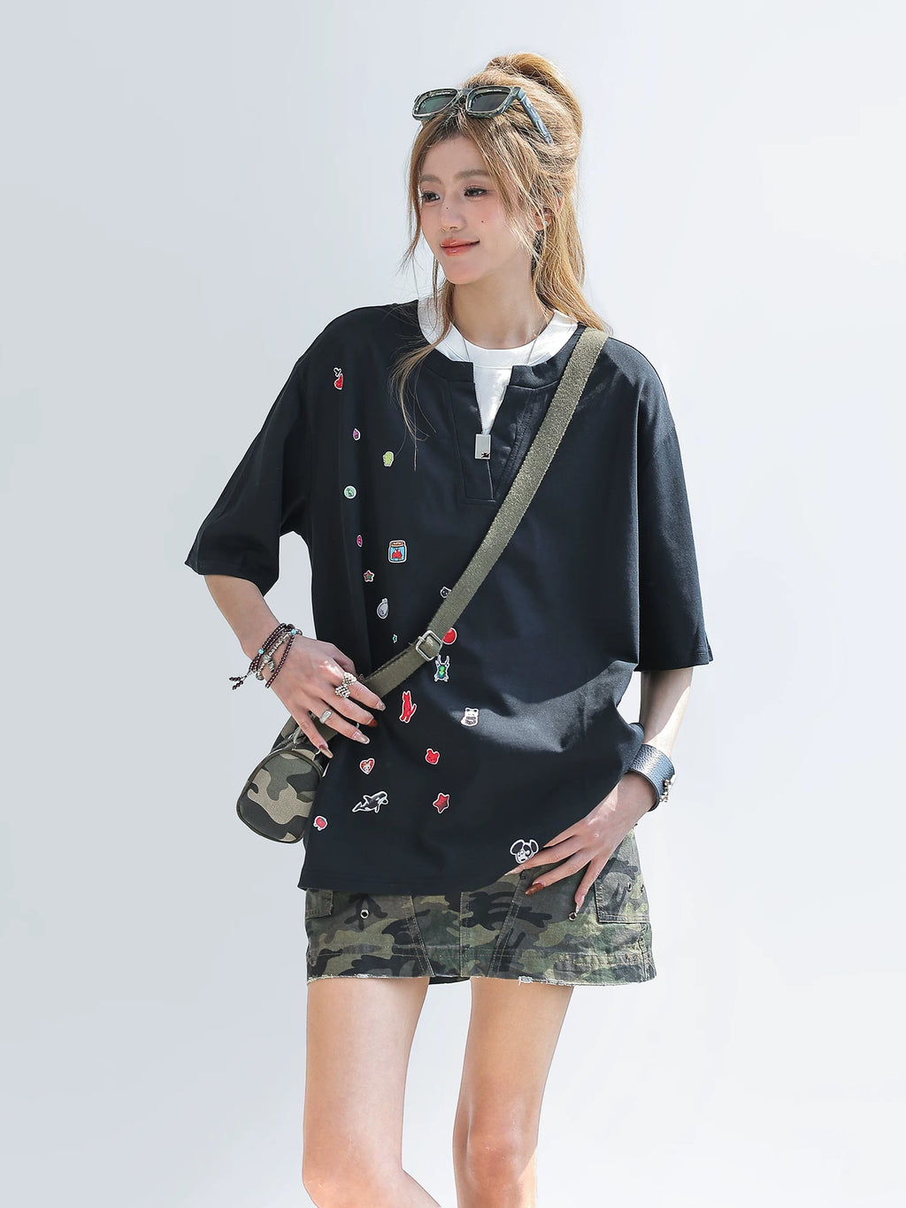 CHANT2nd Contrasting Color Splicing Fake Two-piece Loose Tee