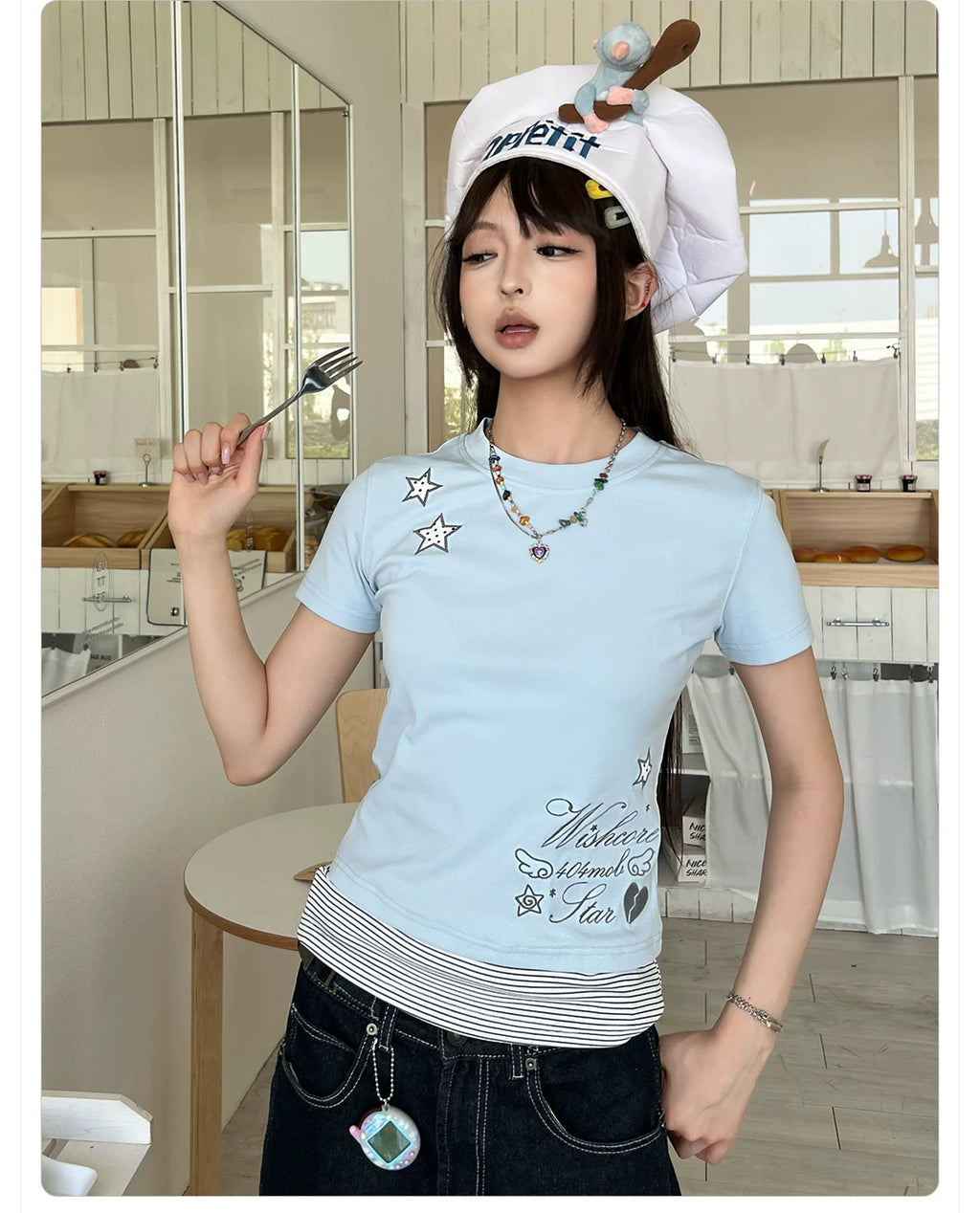 404MOB Crew Neck Striped Embroidered Slim Tee