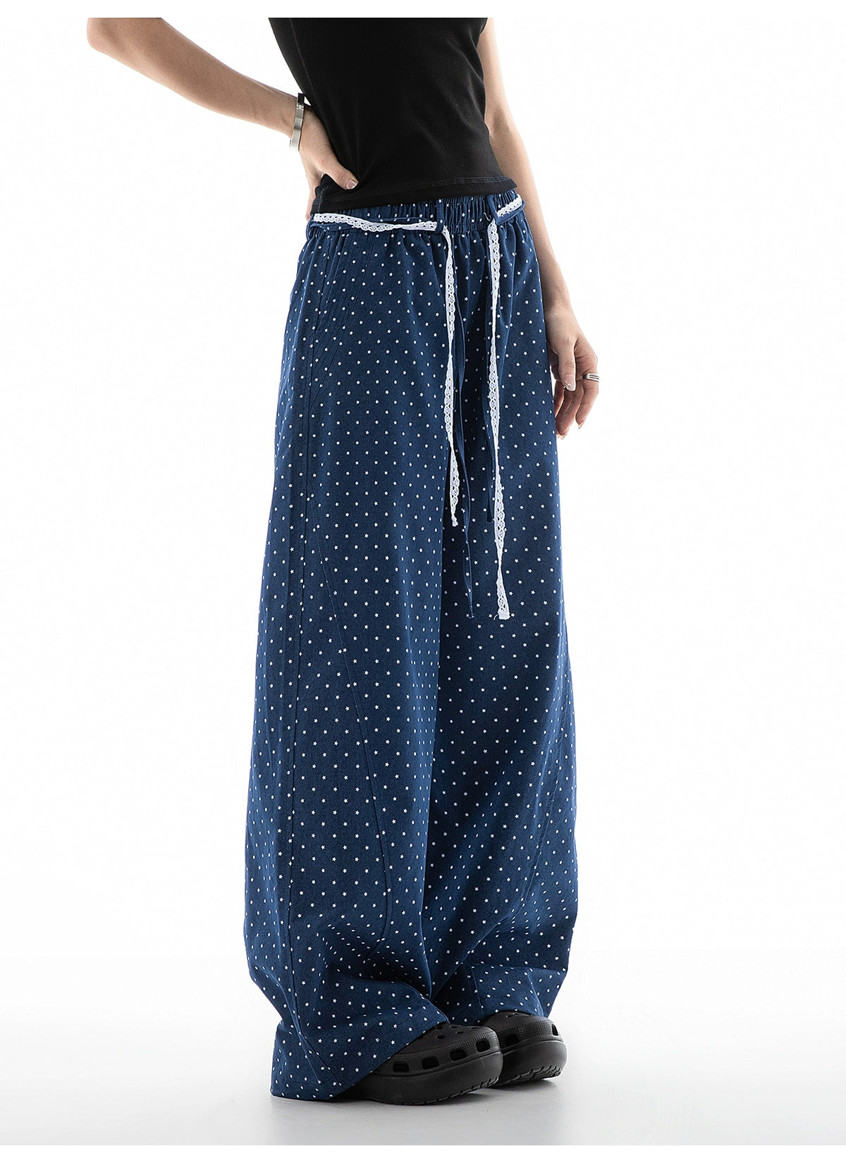 ICH MODE Vintage Star Straight Elastic Waist Wide Leg Pants