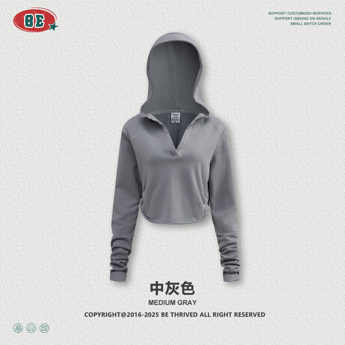 BE Retro V-neck Pleated Short Half-open Neck Hooded Long Sleeves