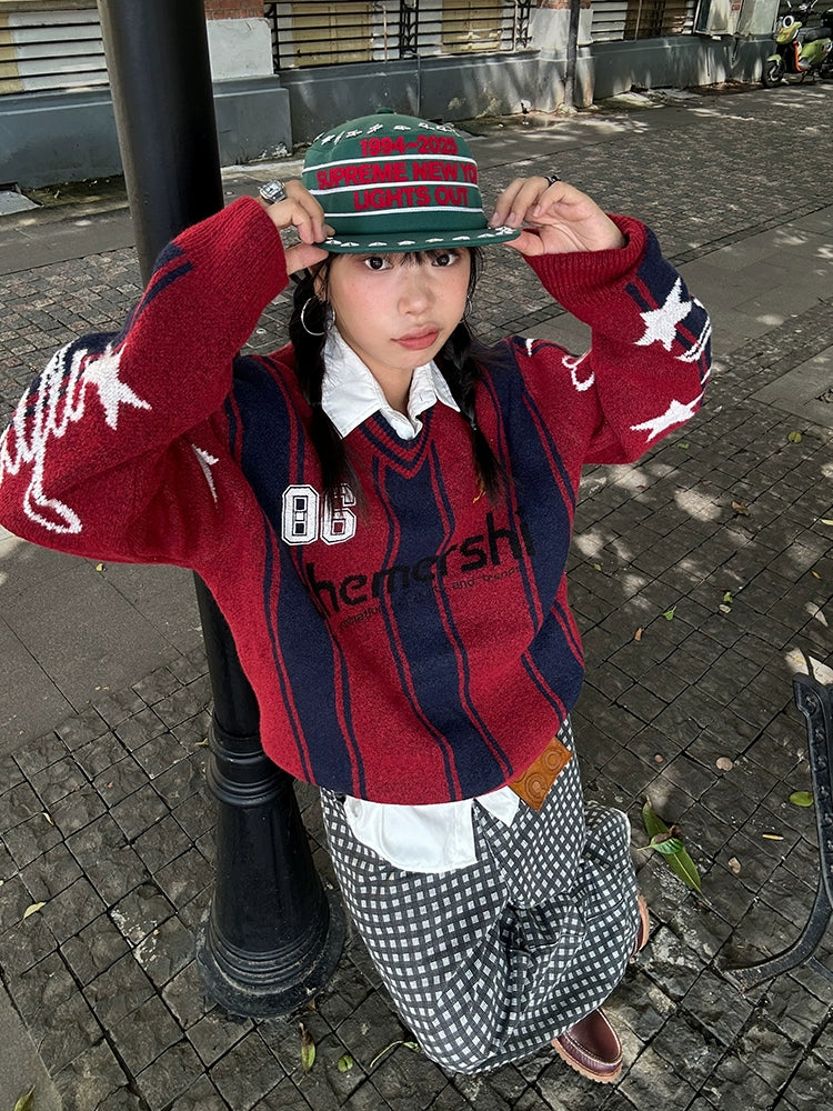 Mershier Striped Color Matching Digital Embroidered Knitted Sweater