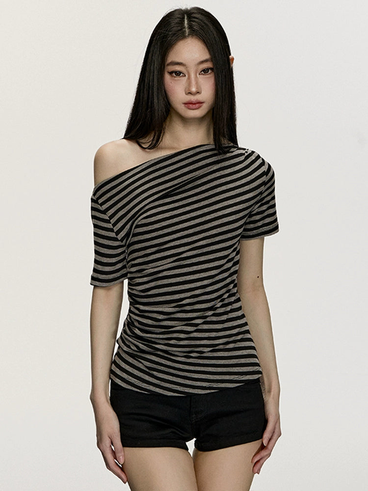 Anna Aneae Slanted Shoulder Striped Loose Tee