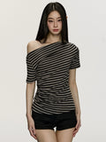 Anna Aneae Slanted Shoulder Striped Loose Tee