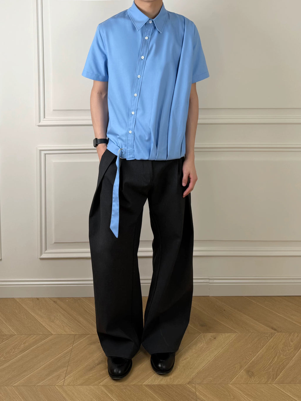 Stay The Night Pleated Strap-Up Short Sleeve Shirt