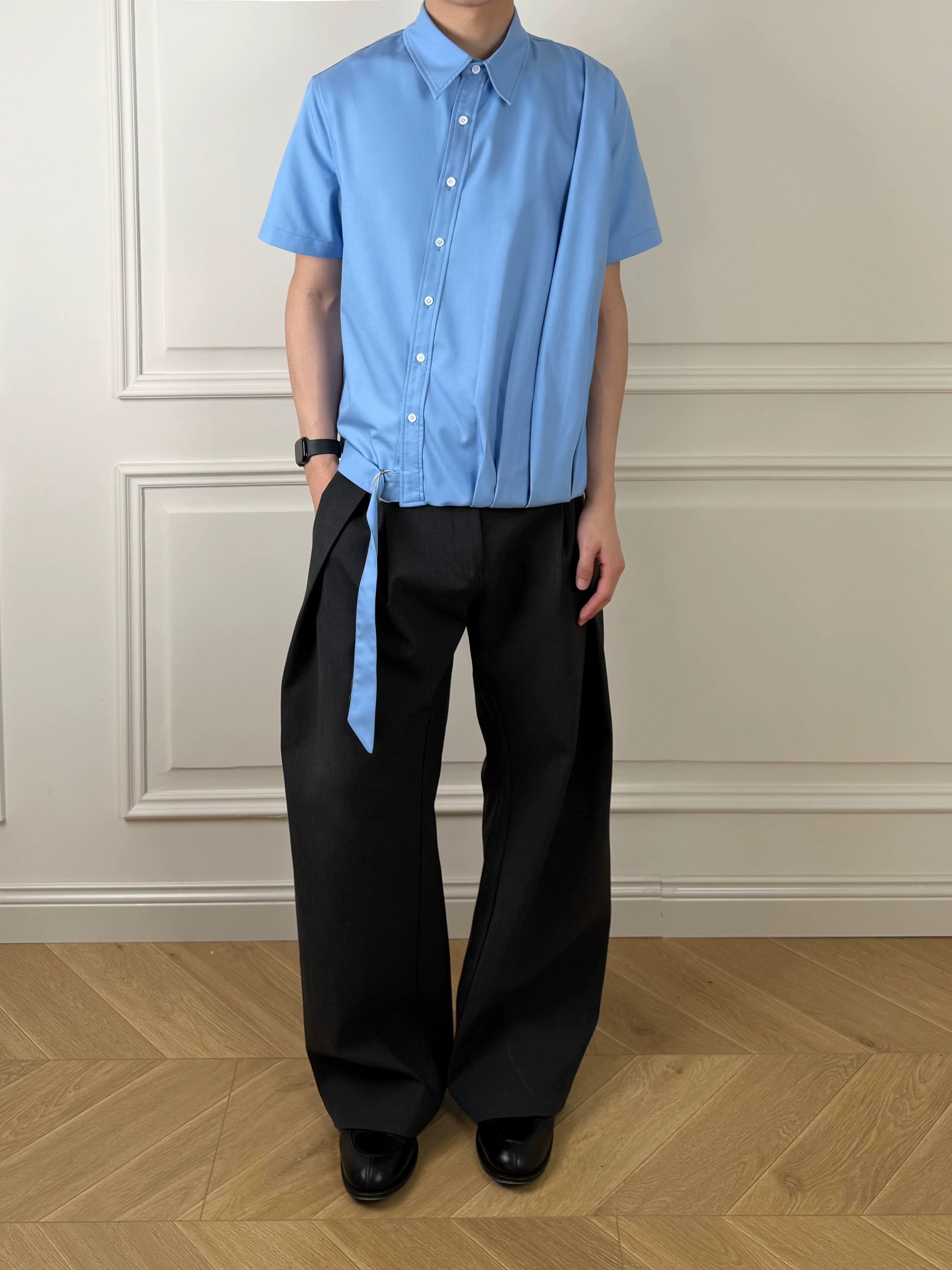 Stay The Night Pleated Strap-Up Short Sleeve Shirt