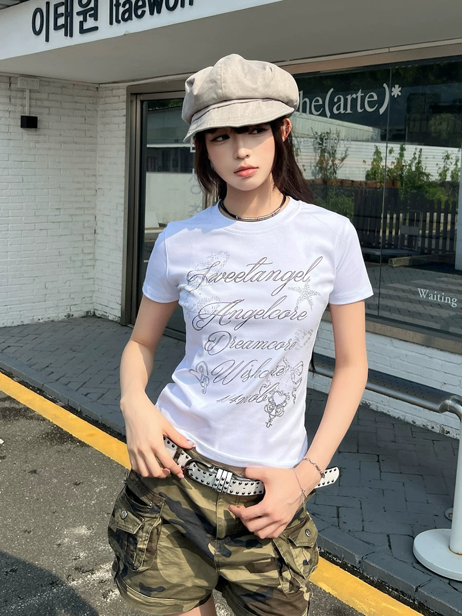 404MOB Alphabet Printed Hot Drill Front Shoulder Tee