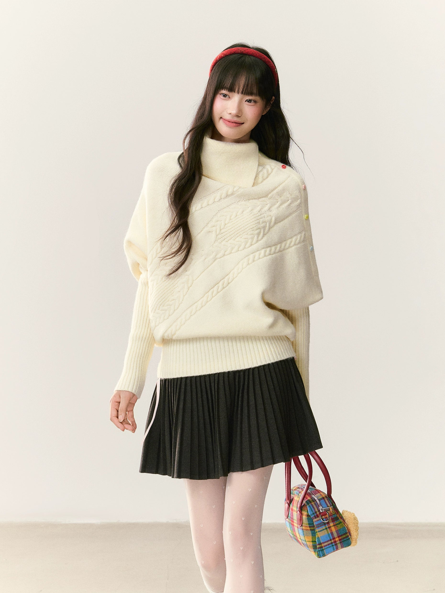 Umoumo Twisted Loose Lapel Color Buckle Cape Sweater