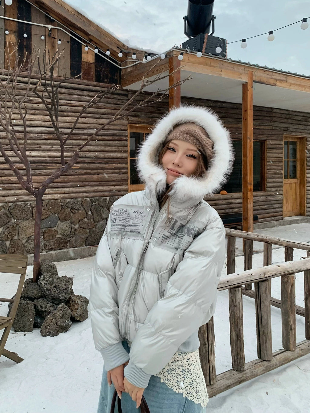 BANGU Vintage Fur Collar Hooded Cotton Jacket