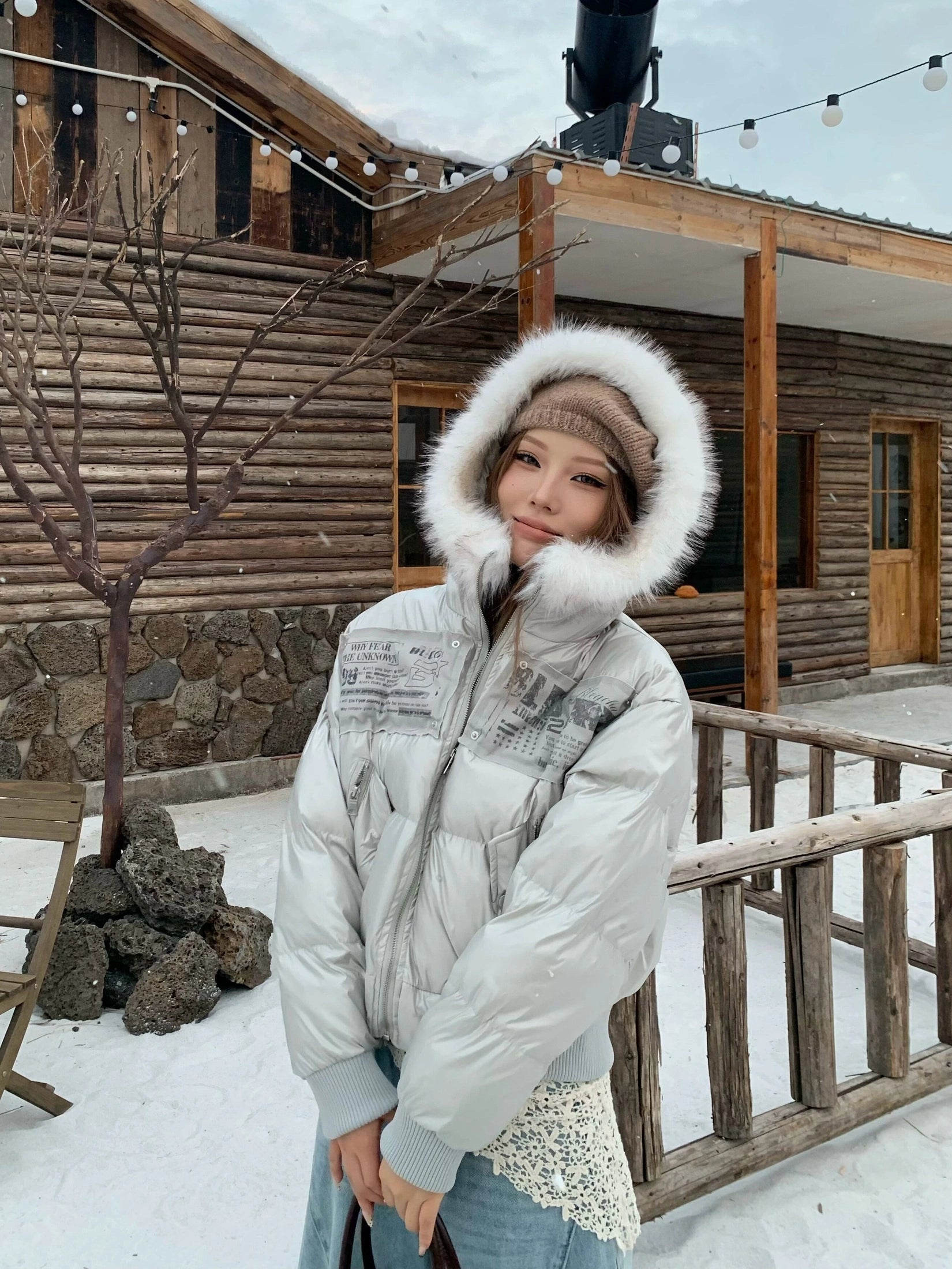 BANGU Vintage Fur Collar Hooded Cotton Jacket