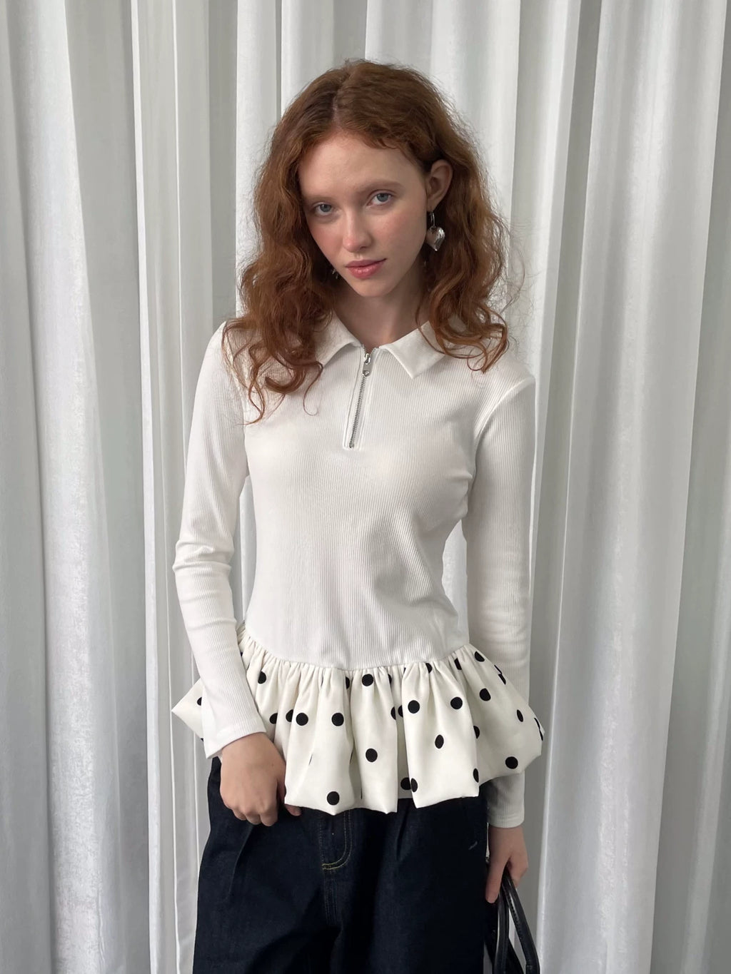 Loosesmell Slim Stitching Polka Dot Bud Hem Long Sleeve