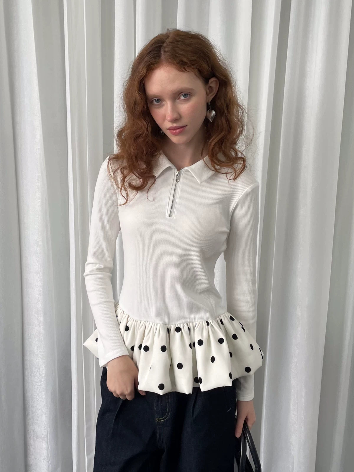 Loosesmell Slim Stitching Polka Dot Bud Hem Long Sleeve