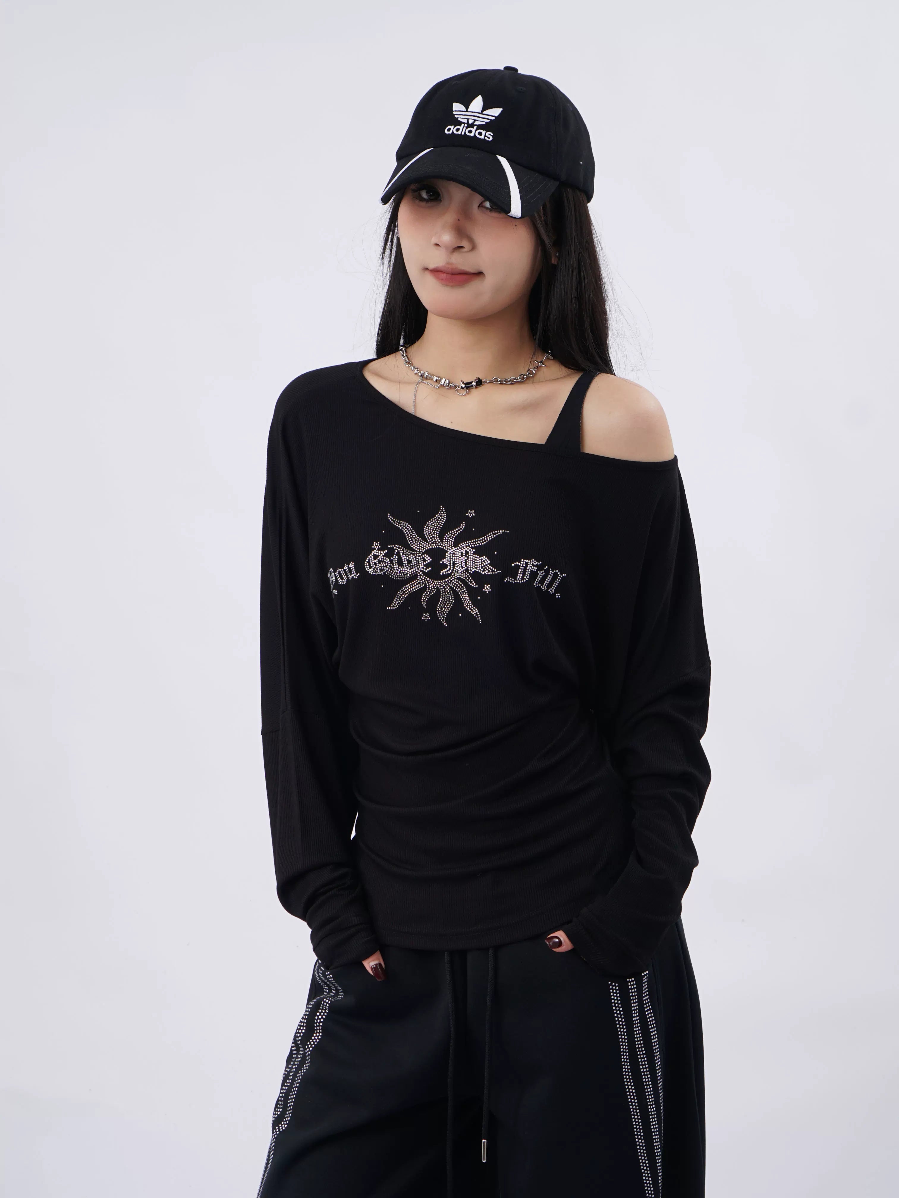 SAMUSAN Letter Hot Diamond Slash Shoulder Long Sleeve