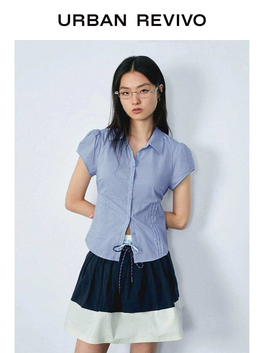 URBAN REVIVO Casual Contrast Checked Lace-Up Open Shirt