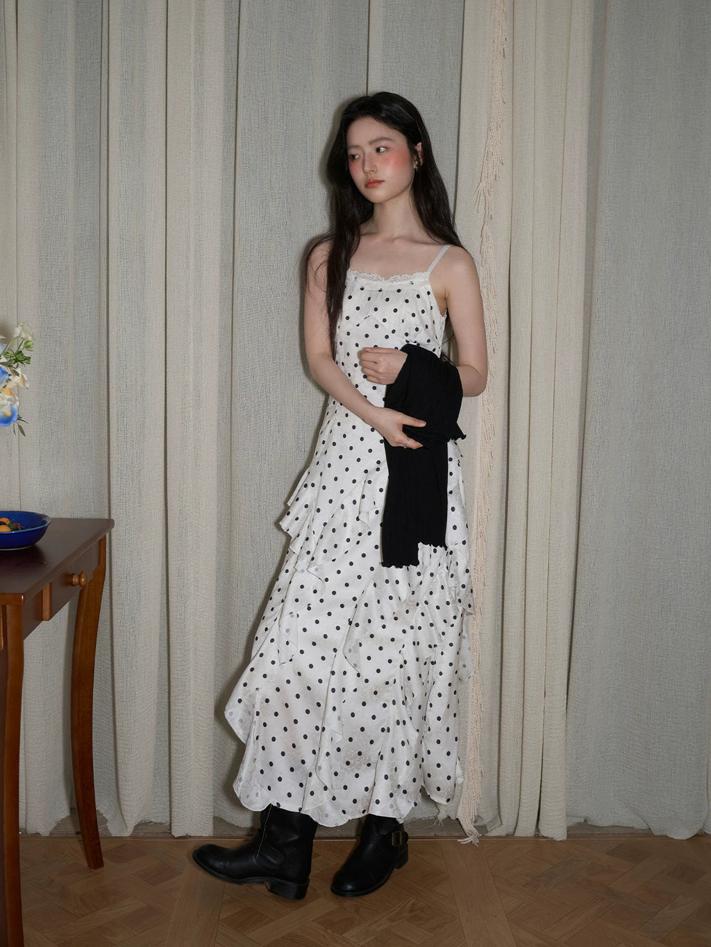 XUJING Polka Dot Ruffle Edge Waist Suspender Dress