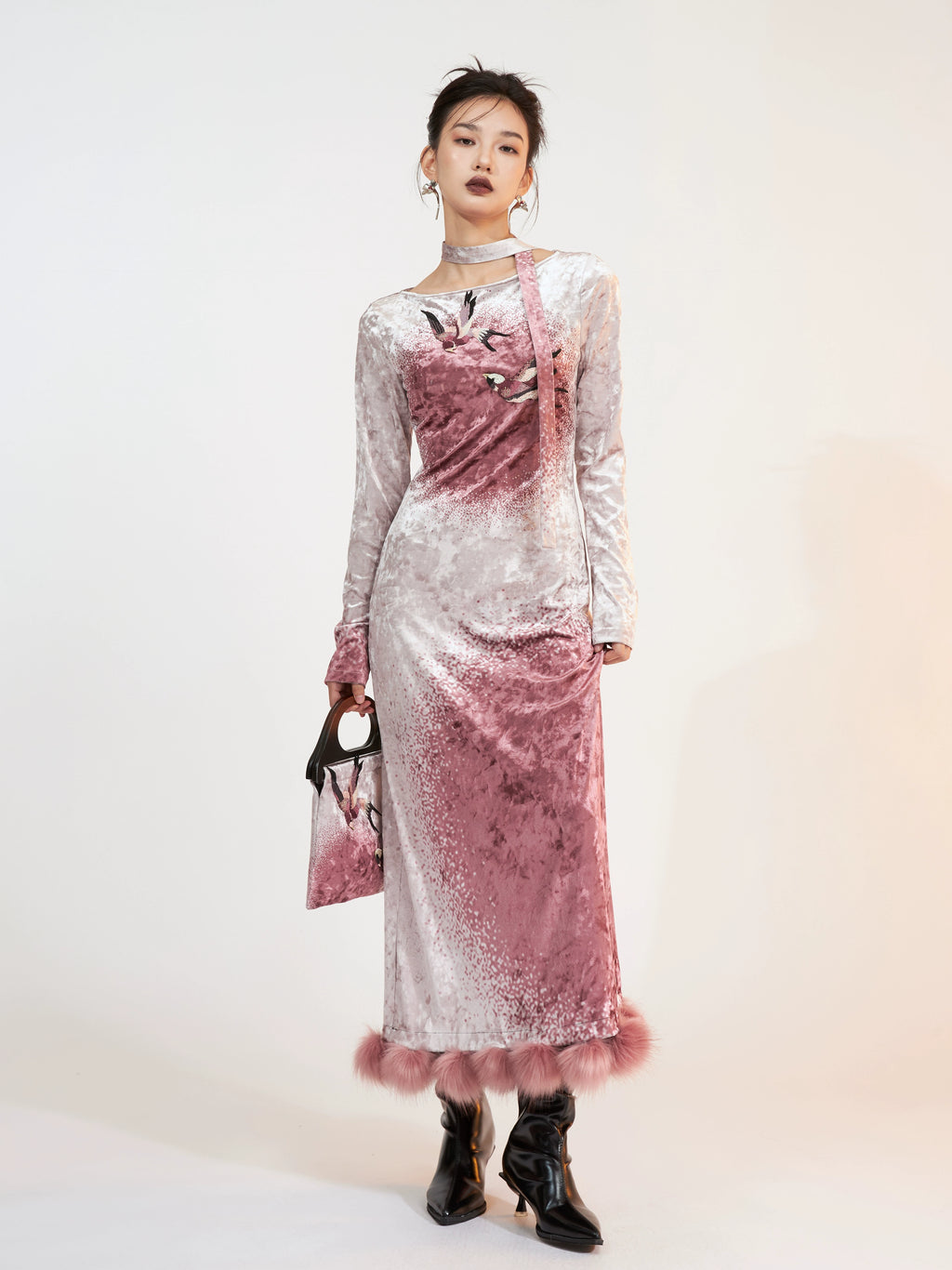 Eidolon Grain Velvet Print Christmas Embroidered Dress