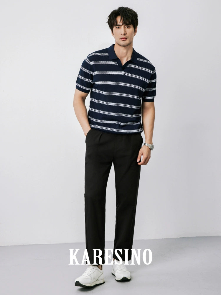 KARESINO Ice-silk Lapel-neck Striped Knitted Polo Shirt