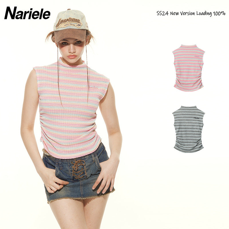 Nariele Contrast Striped Wrinkle Waist Design Vest