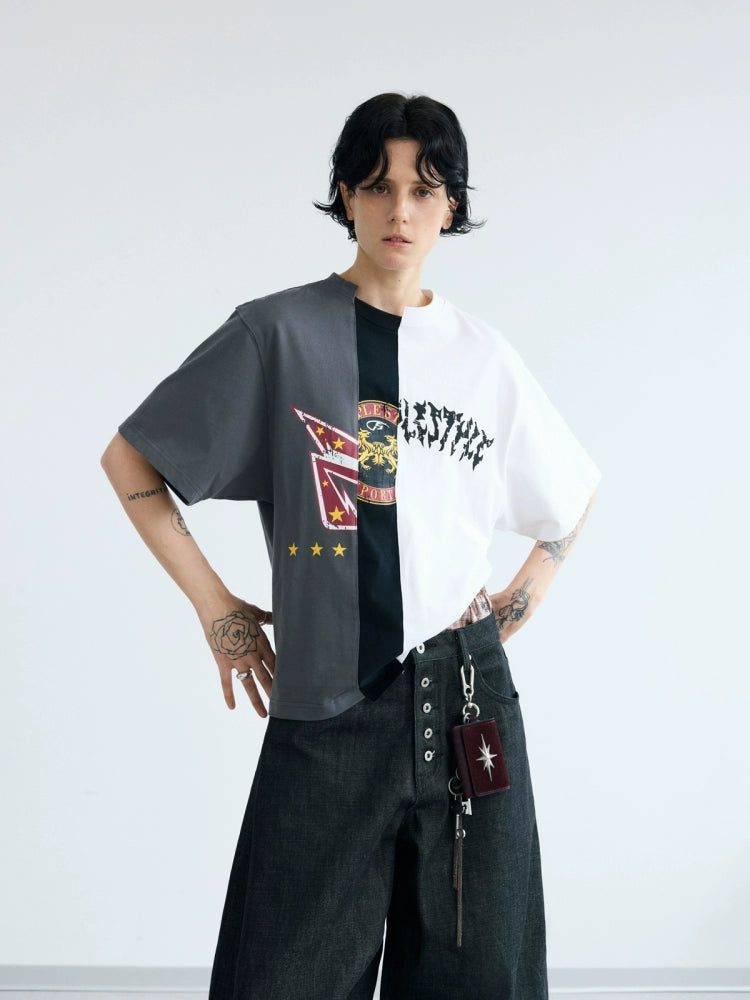 PEOPLESENSE Vintage Irregular Contrast Splicing Printed Tee