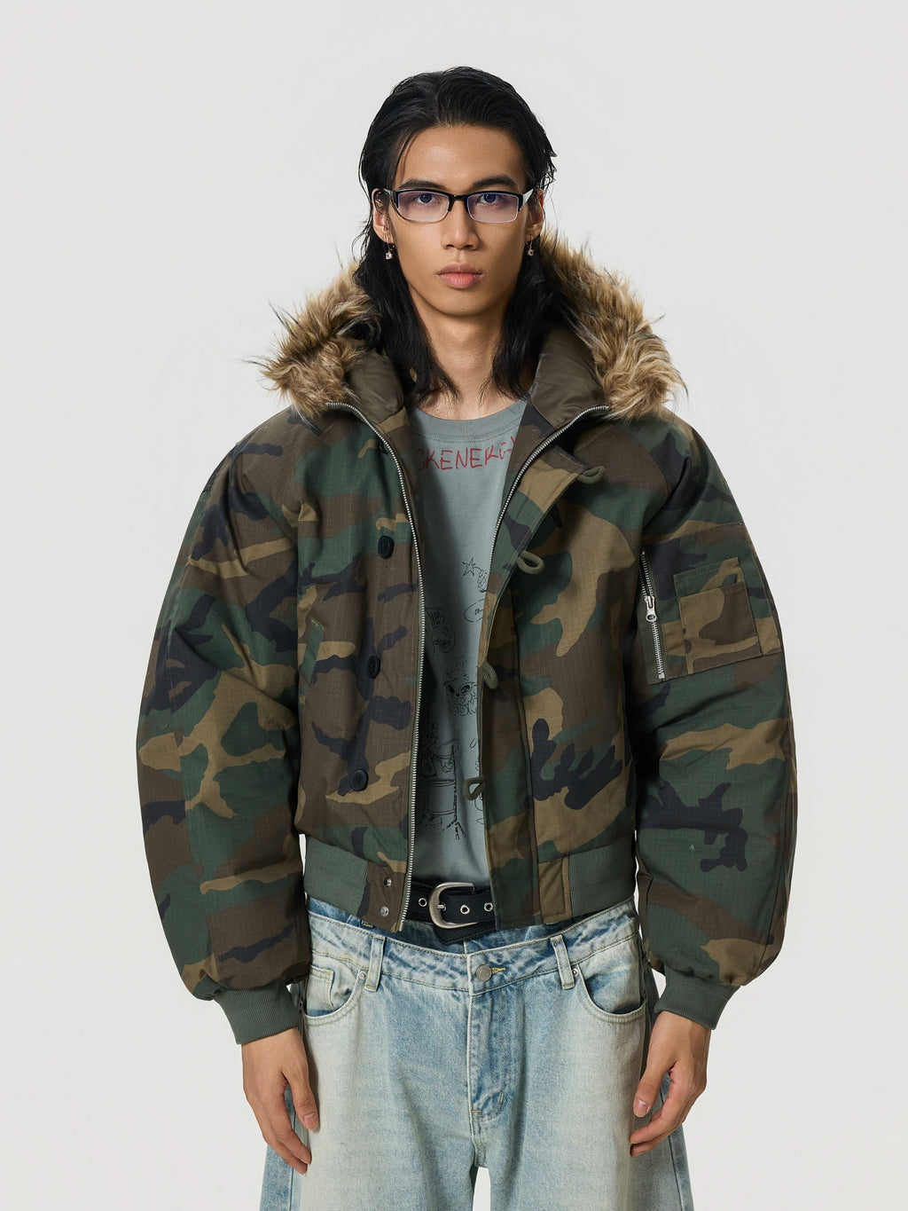 BTSG Camouflage Fur Collar Zip Jacket Cotton